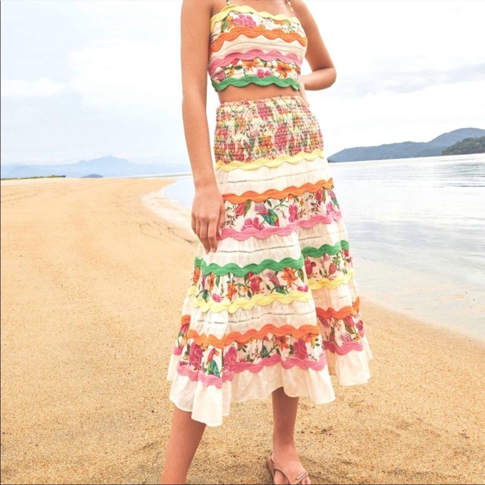 Farm Rio Toucan's Garden Tiered maxi skirt M